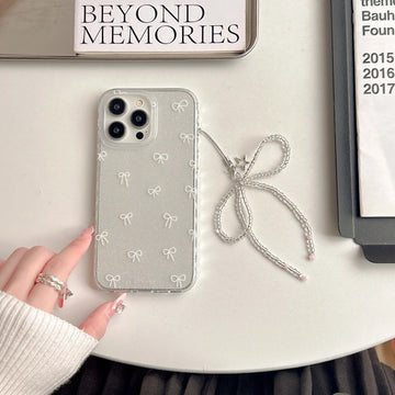 Qfdian Simple white bow phone case stand holder cover for iphone 13 15promax 13pro 15 pro max 11 14 12  ins transparent bracelet capa